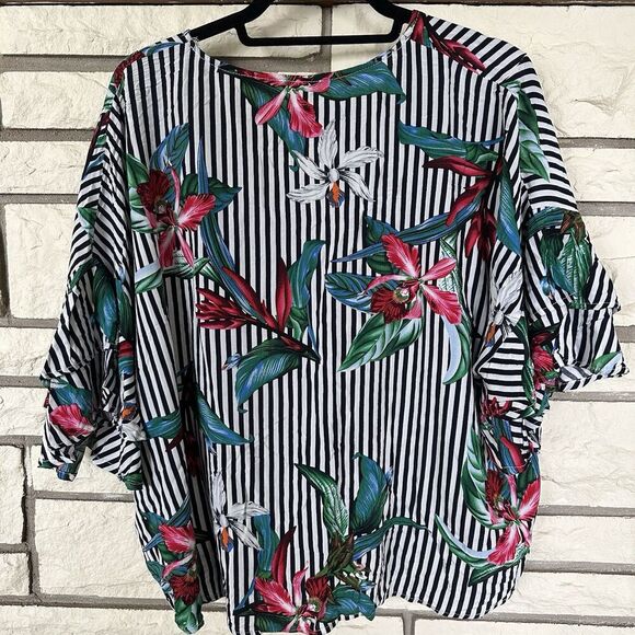 Umgee Blouse Black White Stripe With Tropical Floral Design Front Knot Detail Lg - Picture 7 of 8